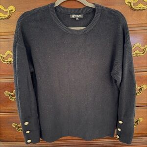 Elegant Black Crewneck Sweater with Gold Button Accents